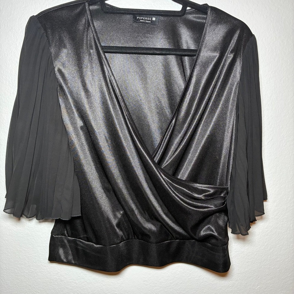 Paperoc Flutter Sleeve Black Satin Top Blouse Chic Whimsigoth Witchy Glam Medium